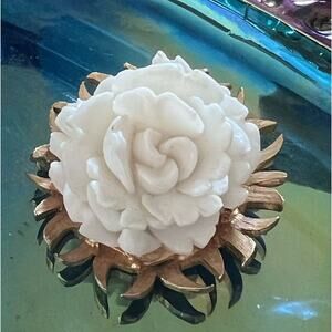 Vtg Pell 3D Floral Rose Peony Pin Brooch White Gold Signed Retro 50s 60s Granny